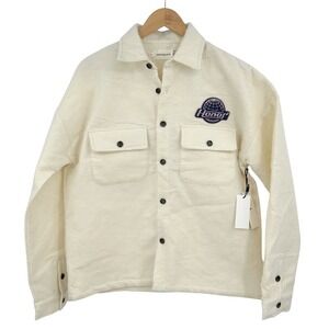 Mens Cream Floral Textured Button Up Shirt Jacket S Fleece Streetwear Blokecore